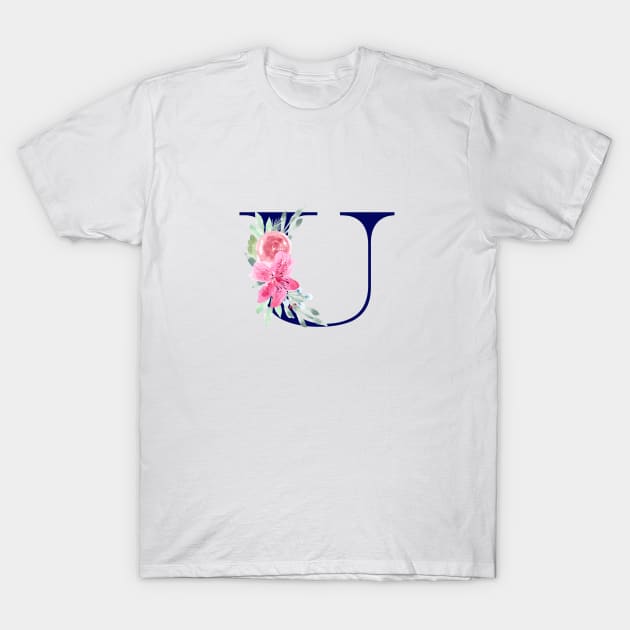 Watercolor Floral Letter U in Navy T-Shirt by Harpleydesign